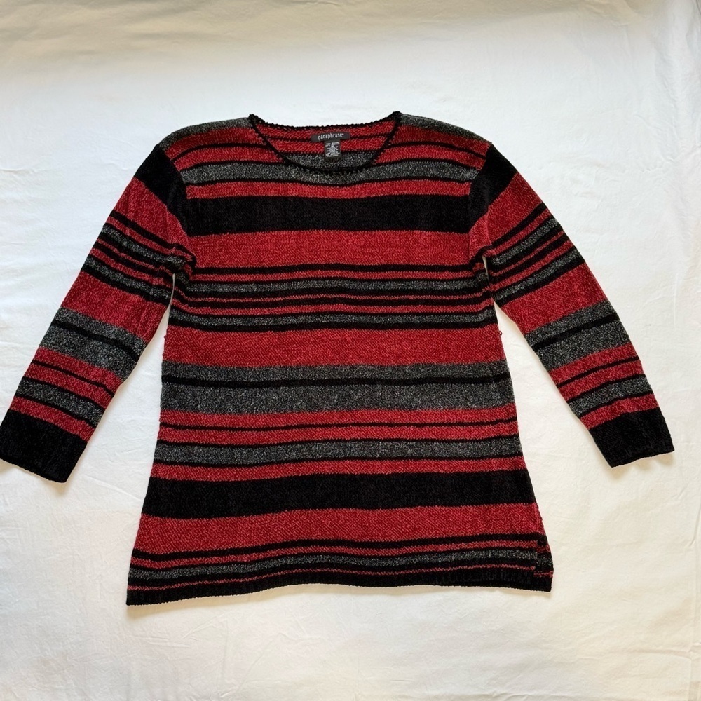 Paraphrase Women’s Crochet Tunic Sweater M Rayon & Acrylic Blend Red /Gray/Black